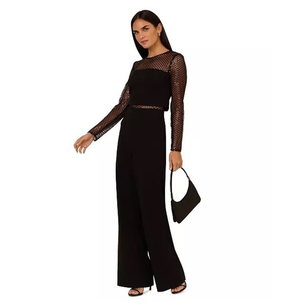 NWT Adrianna Women's Sequin-Mesh Wide-Leg Jumpsuit Womens Black Sequin Sz 2 $265